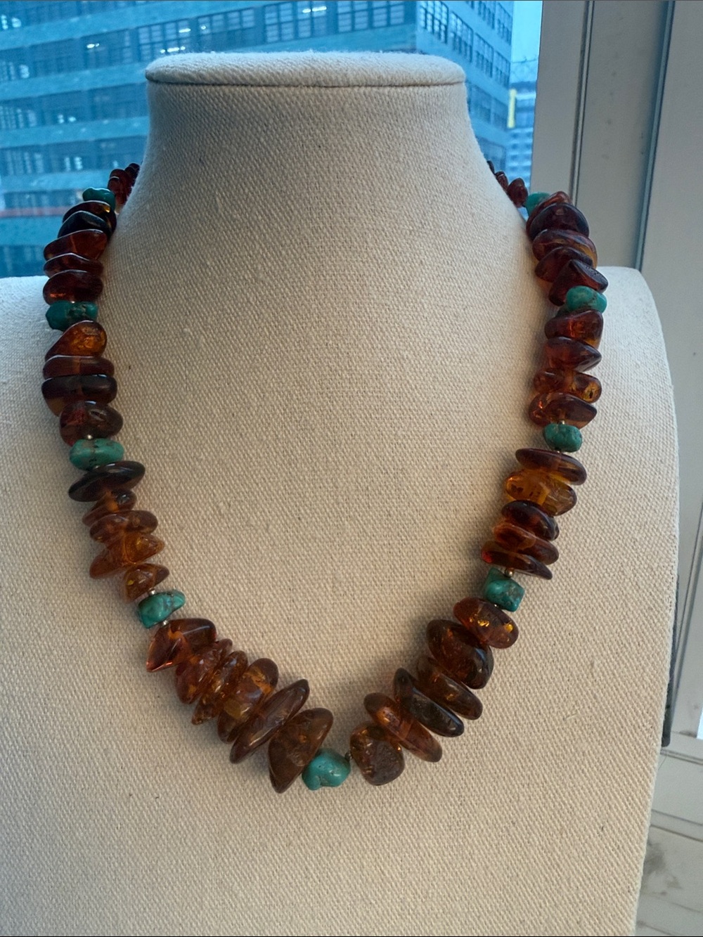 Natural Baltic Amber & Genuine Turquoise Nuggets Handcrafted Necklace.